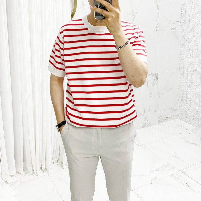 아도르클래식 6컬러 단가라 스트라이프 니트 반팔티