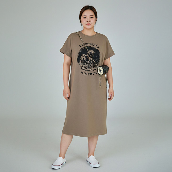 INFIOUS 女款獨角獸印花大尺碼短袖連身裙 I263-0081, 棕色