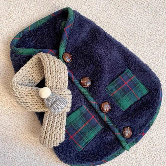 Artipet 格紋重點圍巾 + 背心套組, 藍色