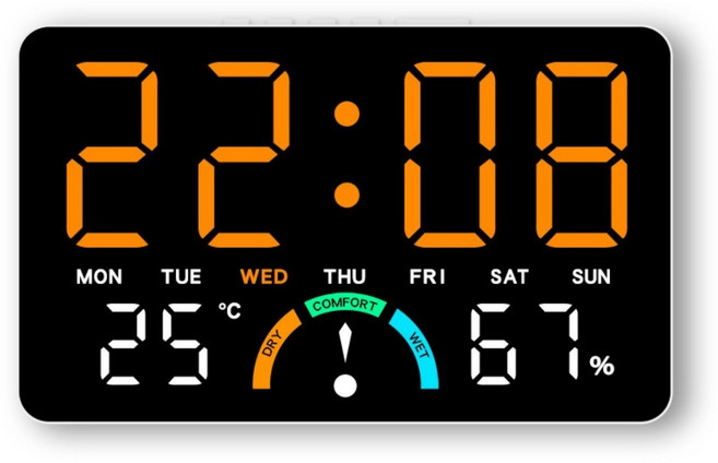 Couselect 居家溫濕度LED電子鐘 簡約大屏掛立兩用 多功能床頭鬧鐘, 白殼橘燈 數位式