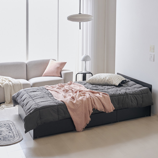 웰퍼니쳐 다담 미드 헤드 3단 수납형 침대 프레임 단품 방문설치, 블랙