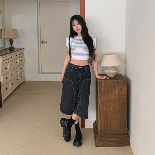 시크블랙 루후아 빈티지 스티치 워크 버뮤다 데님 팬츠 cppt15125k55