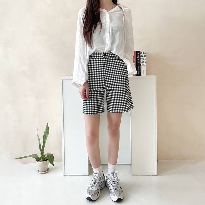 jalbba jean 女款黑白格紋彈性舒適5分褲