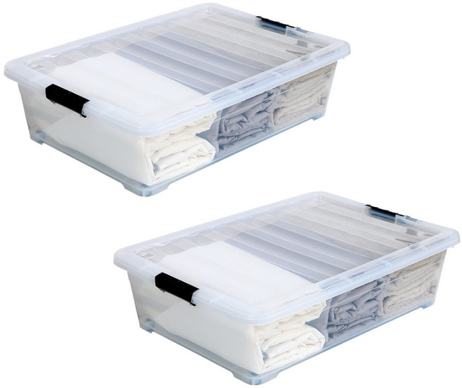 마이닝 언더베드 플라스틱 리빙 박스 42L, 투명(리빙박스), 검정색(손잡이), 2개