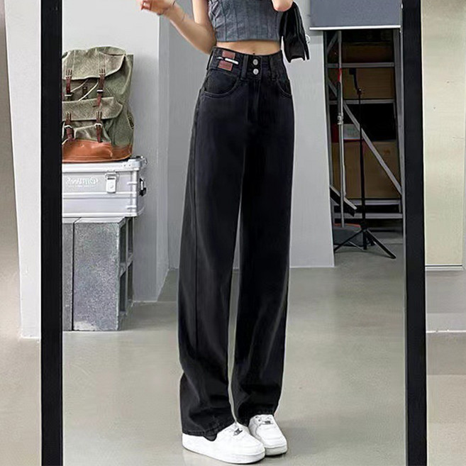 구디프 여성용 투버튼 세미 와이드 하이웨이스트 데님 팬츠