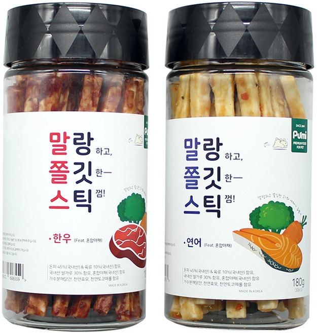 푸르미 강아지 말랑하고 쫄깃한 스틱 껌, 혼합맛(한우/혼합야채), 혼합맛(연어/혼합야채), 180g, 2개