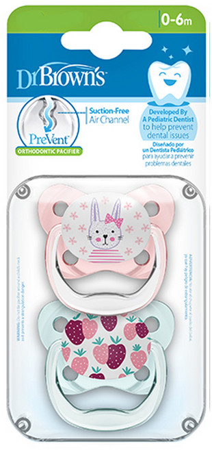닥터브라운 유아용 쪽쪽이 프리밴트 버터플라이 노리개젖꼭지 2종 세트, 1단계(0~6개월), 토끼, 딸기, 1세트