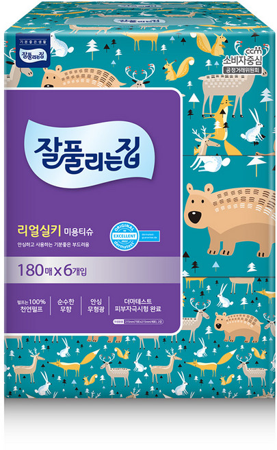 잘풀리는집 천연펄프 미용티슈 2겹, 180매입, 6개