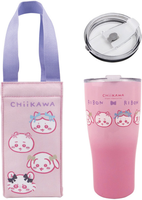 Chiikawa 吉伊卡哇 曲線杯保溫提袋組 10 x 8 x 20.2cm, 粉色, 1套, 900ml