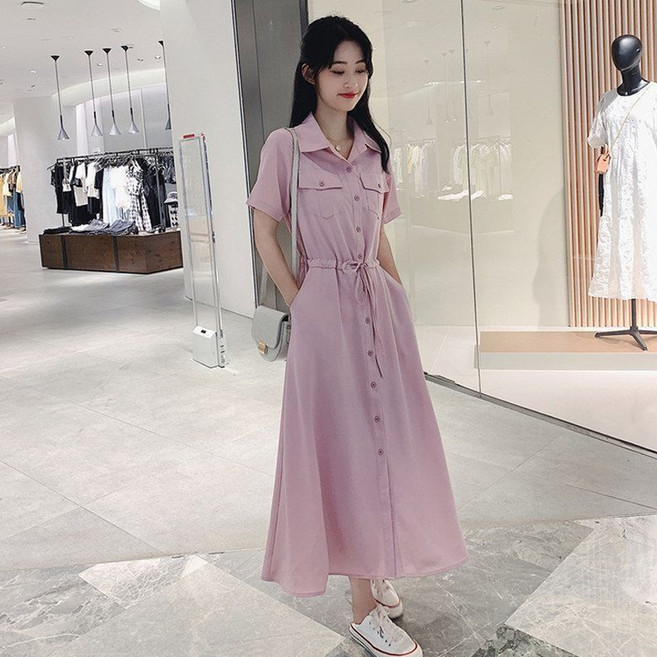 Elsso 女款翻領鈕扣抓皺長版連身裙, 淺紫色