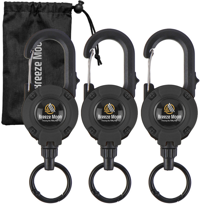 Breeze Moon 一鍵式快鎖鋼絲鑰匙圈自動伸縮扣 3入 + 收納袋套組, 摩登黑(伸縮扣), 1套