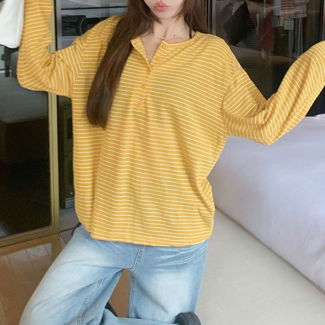 더시럽 여성용 비비드 스트라이프 버튼 긴팔 티셔츠
