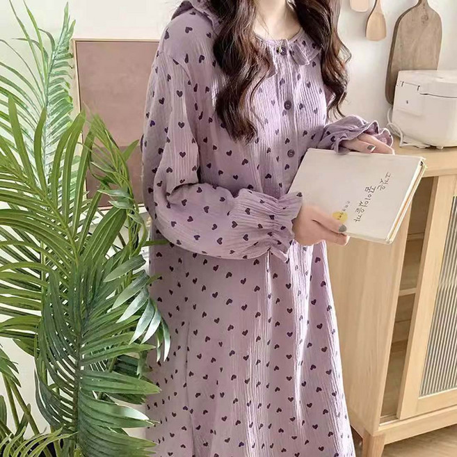 투이스타 여성용 프릴 패턴 긴팔 롱 원피스 잠옷