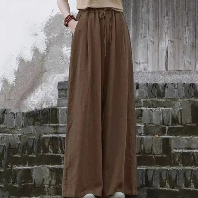 반야스토리 여성용 린넨 밴딩 와이드 롱 팬츠 QQ302