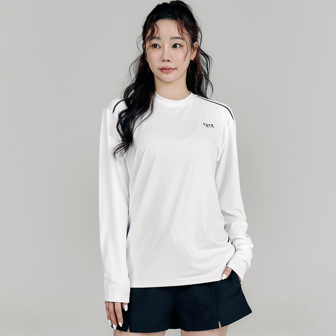 튜브트리 여성용 루즈핏 래쉬가드 상의 스티치 롱슬리브 B9203, 화이트