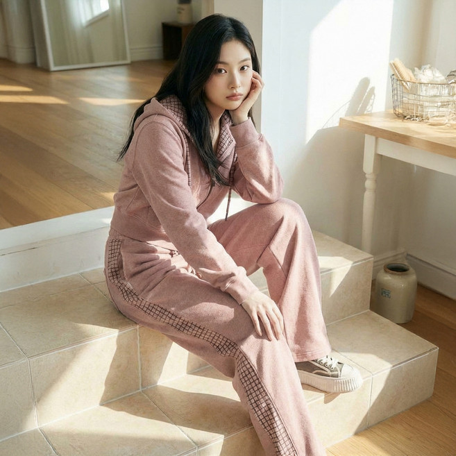 메이첼 페이크 새깅 크롭 후드 집업 팬츠 세트 12460 핑크 4XL(99)