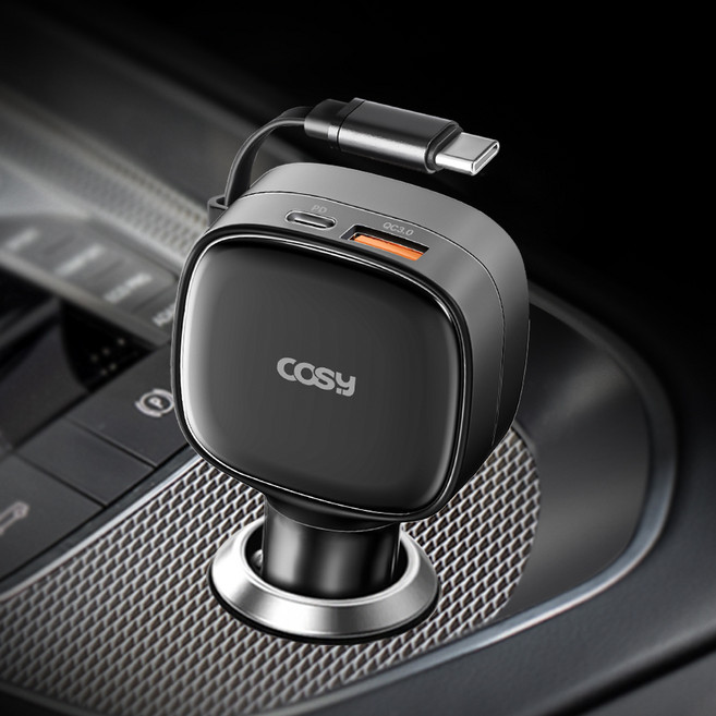 COSY 車用 Type-C PD + QC3.0 雙埠自動伸縮超高速充電器 84W, 黑色, CGR4138AT