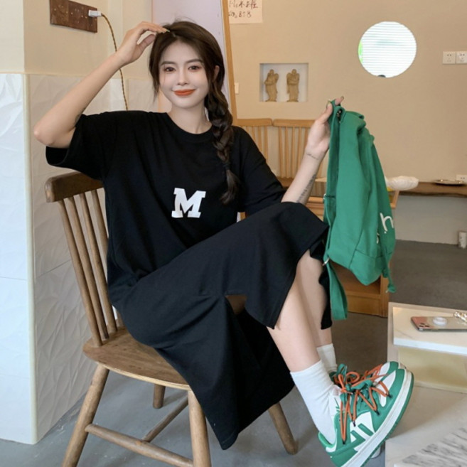 PEONIST 遮肉寬鬆版型短袖中長連身裙 含大尺碼, 黑色