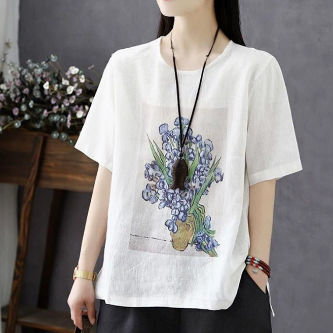 반야스토리 여성용 빈티지 프린트 루즈핏 티셔츠 블루꽃 QQ89