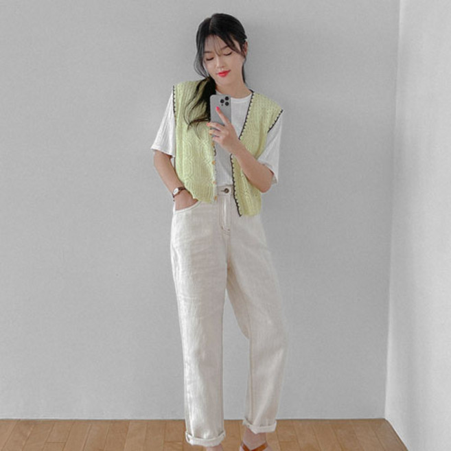 로미스토리 빅사이즈 린넨 워싱 보이핏 데님팬츠