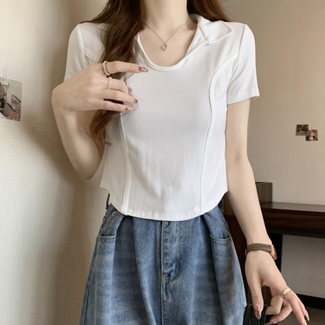 어썸풀 여성용 노르안트 카라 슬림 크롭 반팔 티셔츠 A26SMT022704