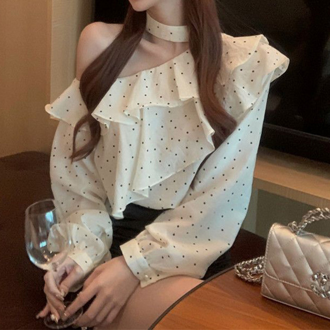 마켓에이 여성용 홀터넥 프릴 도트 오프숄더 블라우스