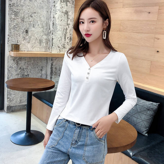 디멜디 여성용 버튼 브이넥 슬림 긴팔 티셔츠