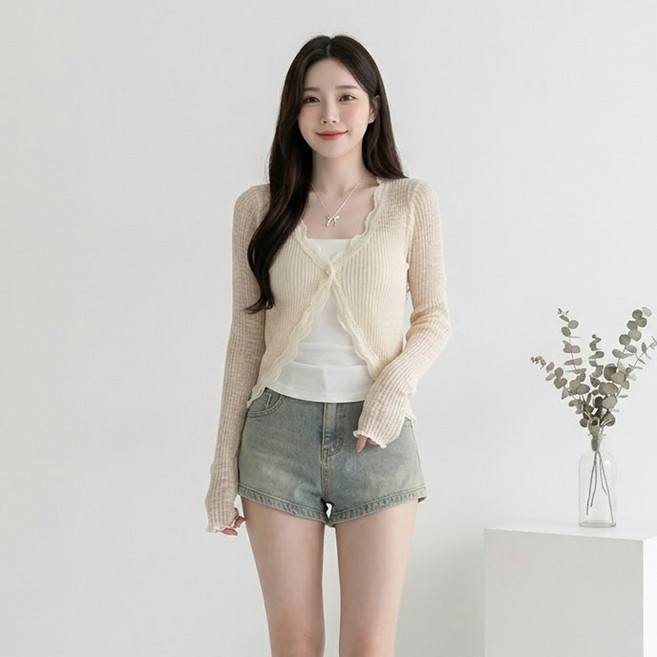 마켓에이 여성용 데일리 얇은 커버업 레이스장식 가디건 M263-0554