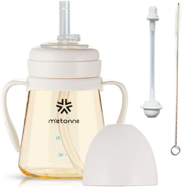 m'etonne PPSU NEW M3雙柄吸管胖胖杯+重力球吸管+吸管清潔刷組, 象牙白, 200ml, 1組