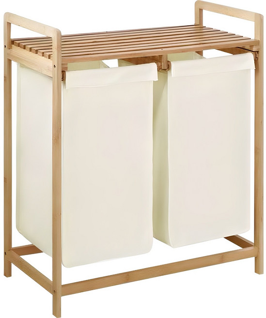 Nature Living 天然竹製滑動式雙格洗衣籃, 木色 + 米色