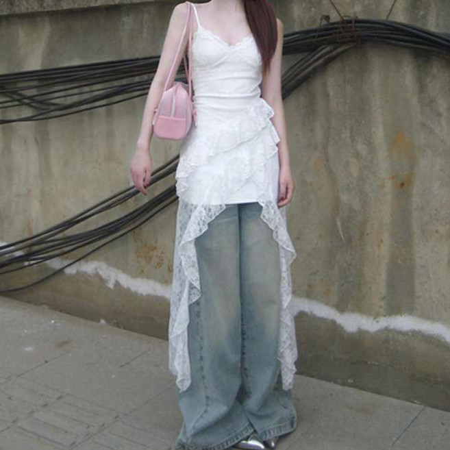 TheSirup 女款下擺開衩蕾絲迷你層次連身裙, 白色