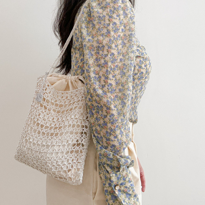 슬로우모먼츠 DIY 코바늘 윤슬 네트백 만들기 패키지, 1개, 화이트실버