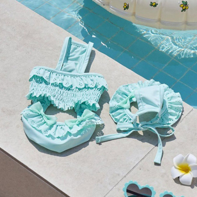 웨이비데이즈 반려동물 컬러풀 프릴 셔링 비키니 + 모자 세트 W265-0137, 스카이블루, 1세트