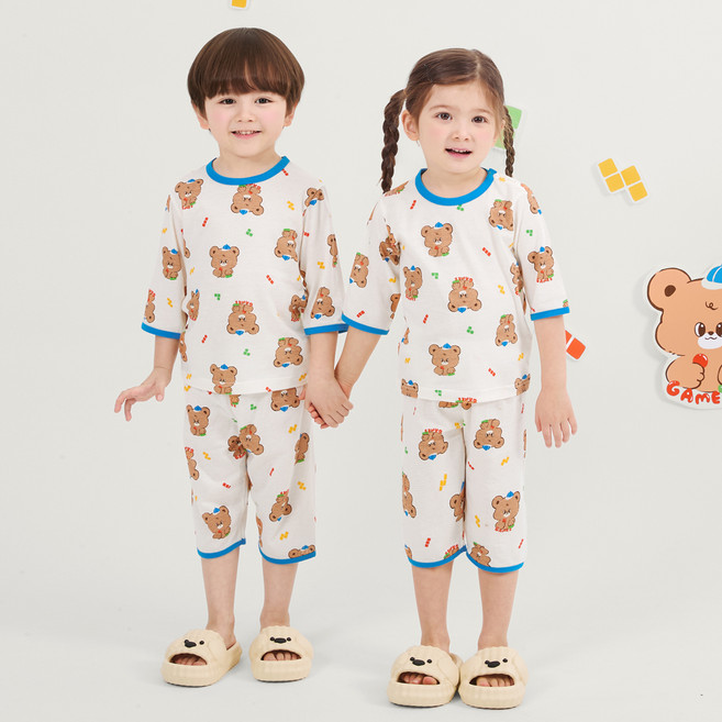 올로미미 아동용 통기성 타미 오가닉 자카드 7부 실내복 세트