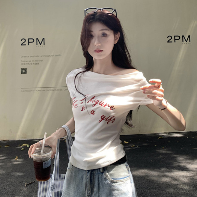DMELD 女款露肩修身夏季度假短袖T恤