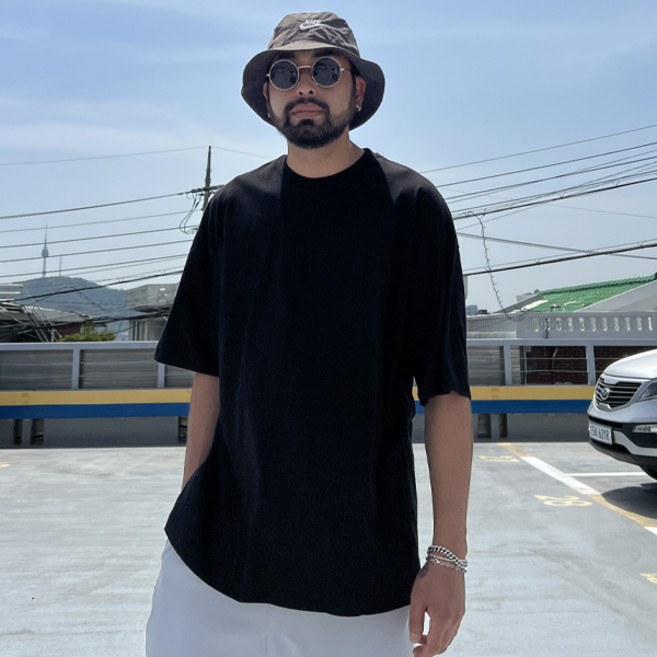 파이브라지 남성용 통기성 빅사이즈 오버핏 백 바코드 택 데일리 반팔 티셔츠