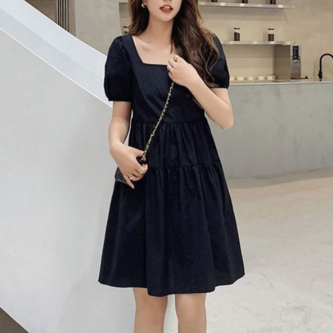 TheSirup 女款方領泡泡袖A字褶皺中長連身裙, 黑色