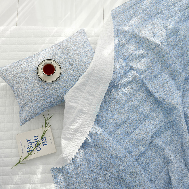 스코홈 눈꽃 냉감 시어서커 엣지 차렵이불 + 베개커버 세트