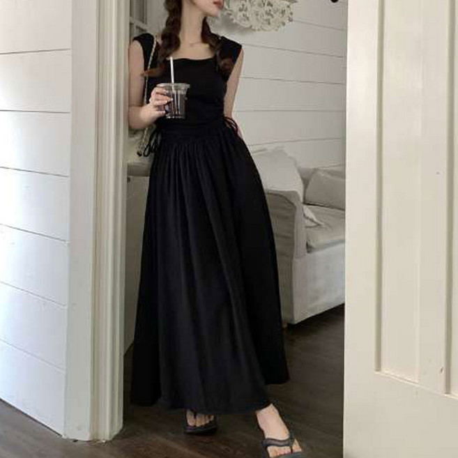 더시럽 여성용 민소매 넓은 끈 사이드 셔링 롱 원피스