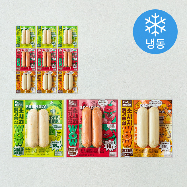 잇메이트 닭가슴살 소시지 WOW 친절한 겨자씨 100g x 4개입 + 리치한 체다치즈 100g x 4개입 + 혼쭐낸 맵군 100g x 4개입 세트 (냉동), 1세트