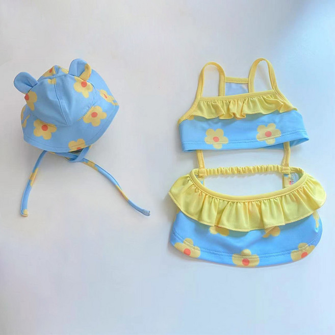 알럽펫 강아지 레이 플라워 비키니 수영복 + 모자 세트, 블루, 1세트