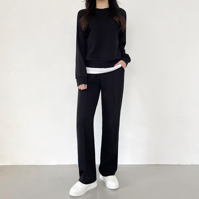 잘빠진 여성용 숏/롱 2단기장 미니멀 소프트 맨투맨 핀턱일자 상하의 세트