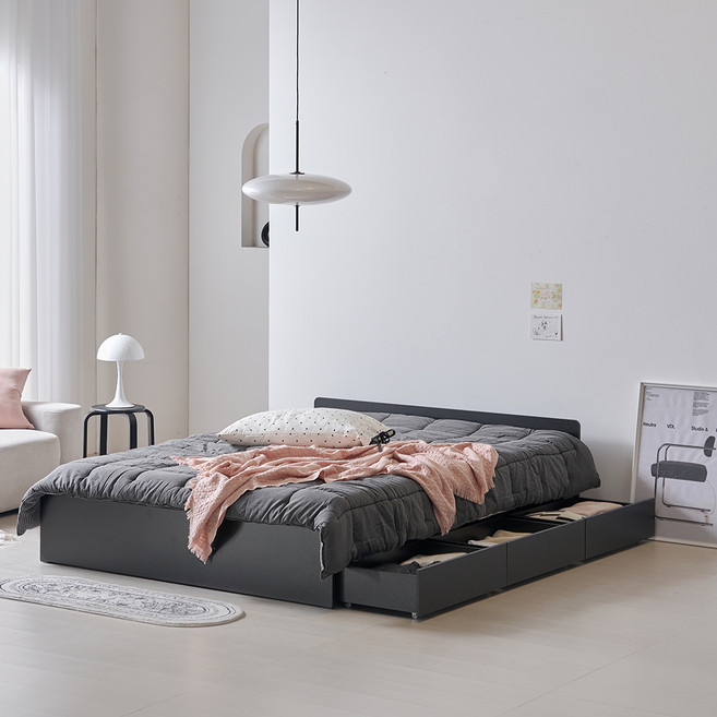 웰퍼니쳐 다담 미드 헤드 3단 수납형 침대 프레임 단품 방문설치, 블랙