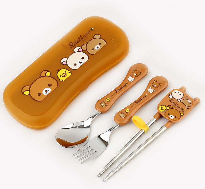리락쿠마 스푼포크 교정젓가락 케이스 세트, 브라운, 1개, 스푼 + 포크 + 교정젓가락 + 케이스