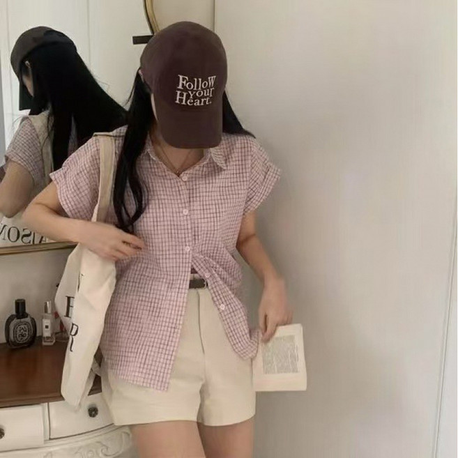 Theflow commerce 女款自然版型日常格紋寬鬆短袖襯衫