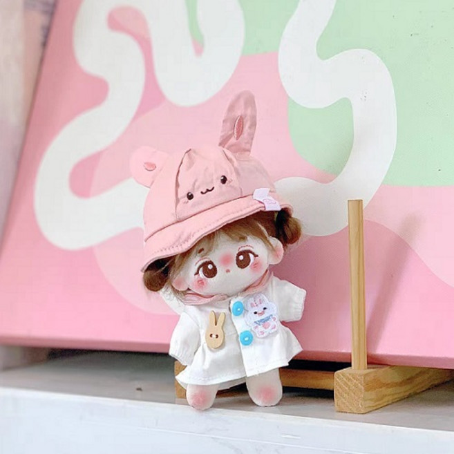 MochaDoll 棉花娃娃衣 動物帽 + 服裝組, 10cm, 1個, 粉紅色(帽子) + 白色(服裝)