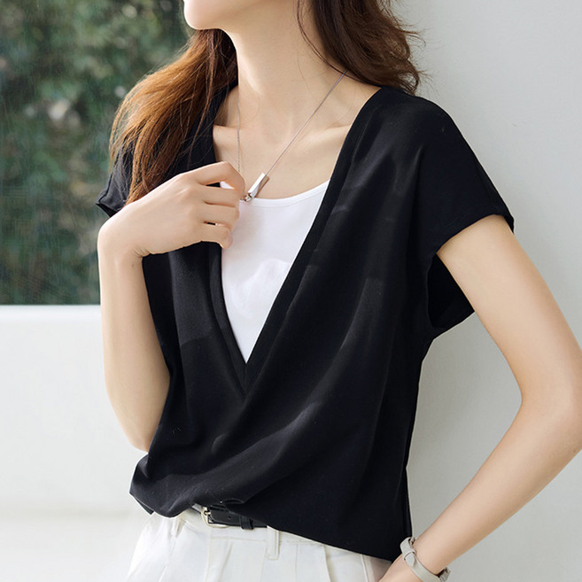 페이퍼먼츠 여성용 벨라 브이넥 페이크 레이어드 반팔 티셔츠 10702