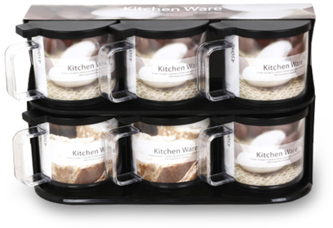 문일케미칼 원형 양념통 세트 블랙, 1세트, 450ml(6P) + 스푼 6p + 선반