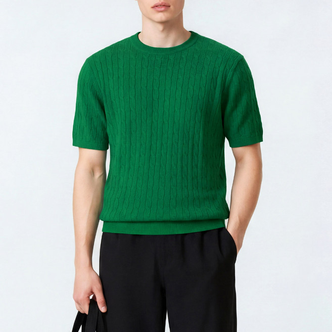 다꾸앙 남성용 클래식 무드 케이블 라운드넥 반팔 니트 H05S14_tn5653