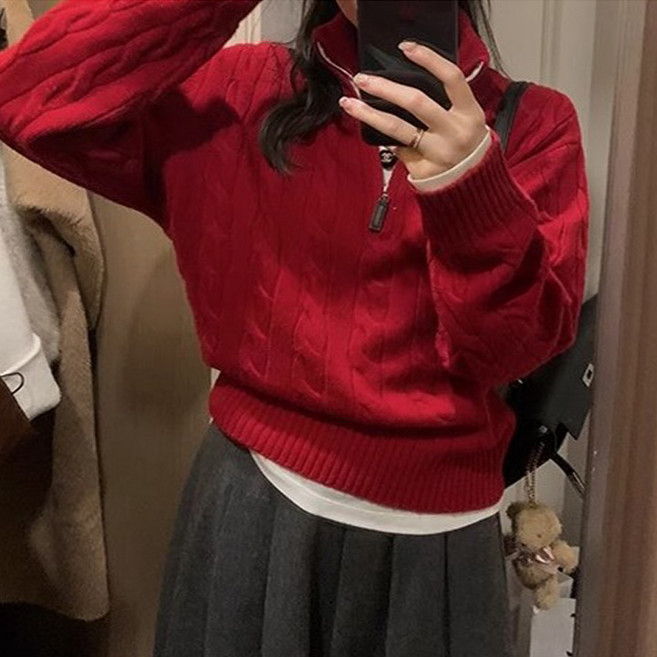 peilit 女款日常麻花半拉鍊針織衫